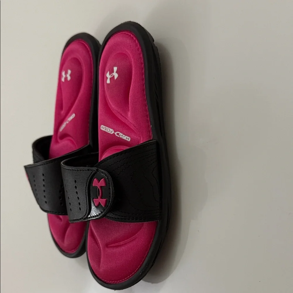 New Under Armour Slide Sandals Girls Youth 1Y Kids Black Hot Pink Foam Ignite